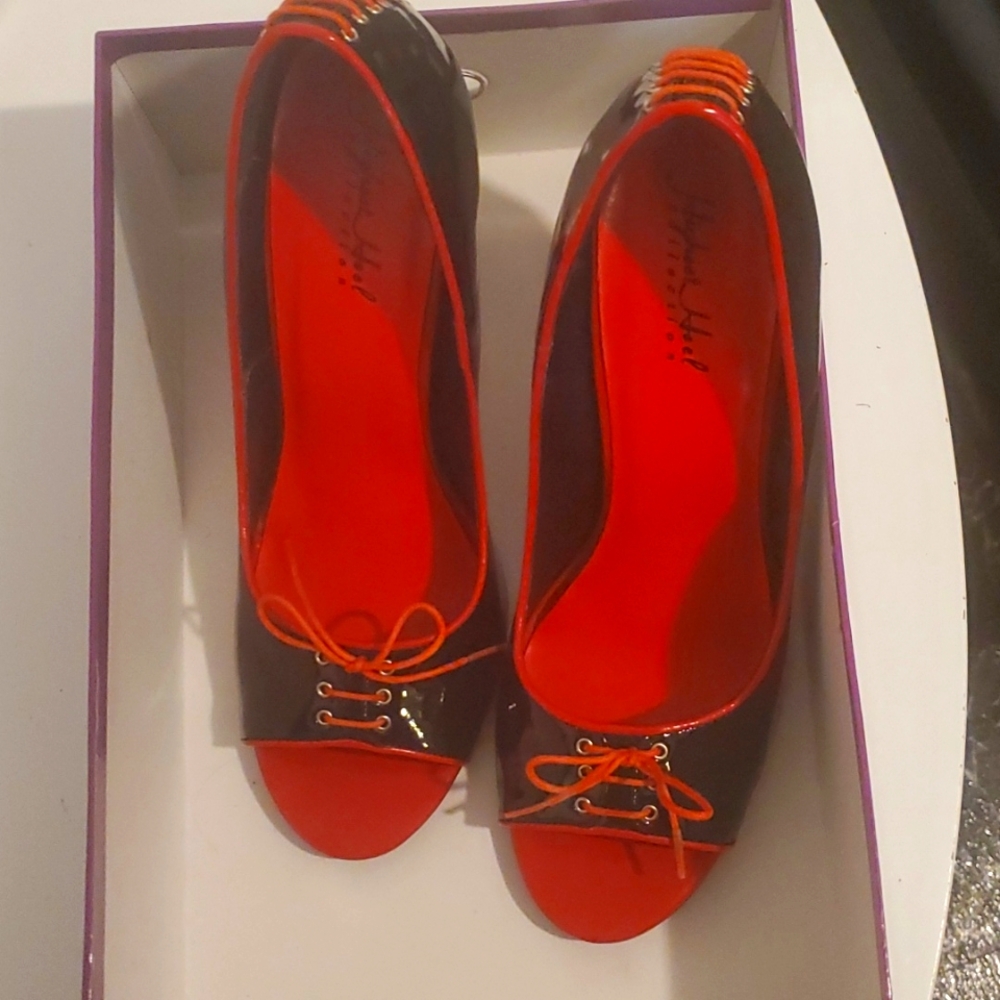 Highest heel collection black patent leather with red laced pumps size 10
